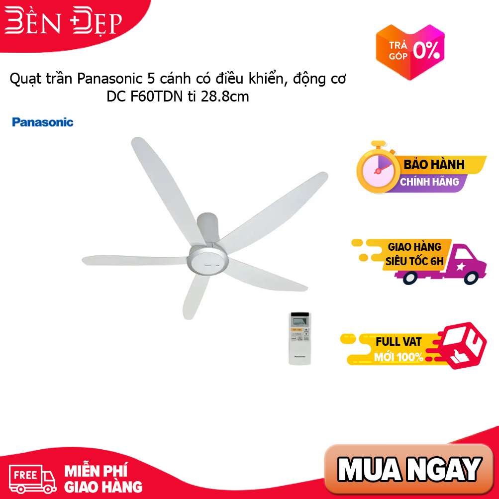 Quạt trần panasonic 5 cánh có điều khiển, động cơ dc f60tdn ti 28.8cm