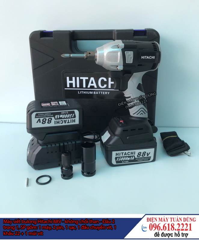 Máy siết bulong Hitachi 88v, 2 pin, đầu 2 trong 1, 100% dây đồng, không chổi than, tặng đầu chuyển vít