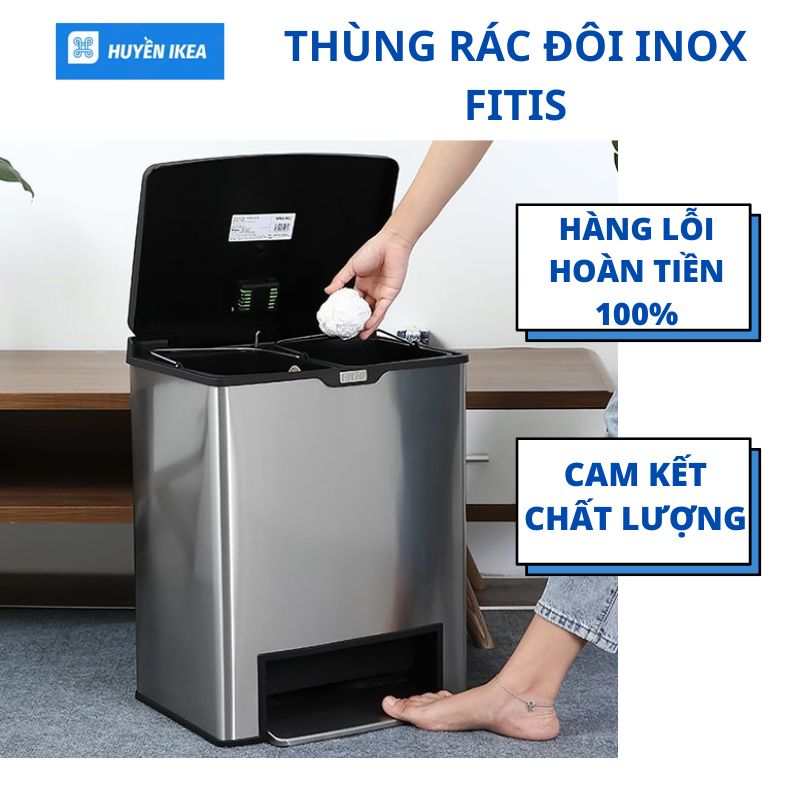 Thùng rác Fitis Mega đôi ( 2 ngăn) vuông đạp ( có tặng túi rác size S)