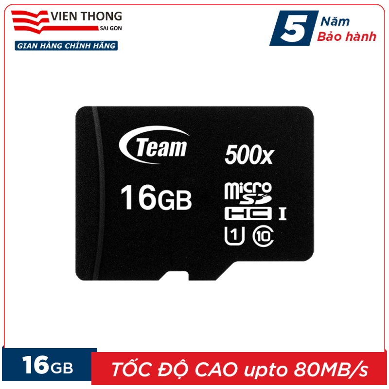 Thẻ nhớ 16GB micro SDHC Team 500x upto 80MB/s class 10 (Đen) - Hãng phân phối chính thức
