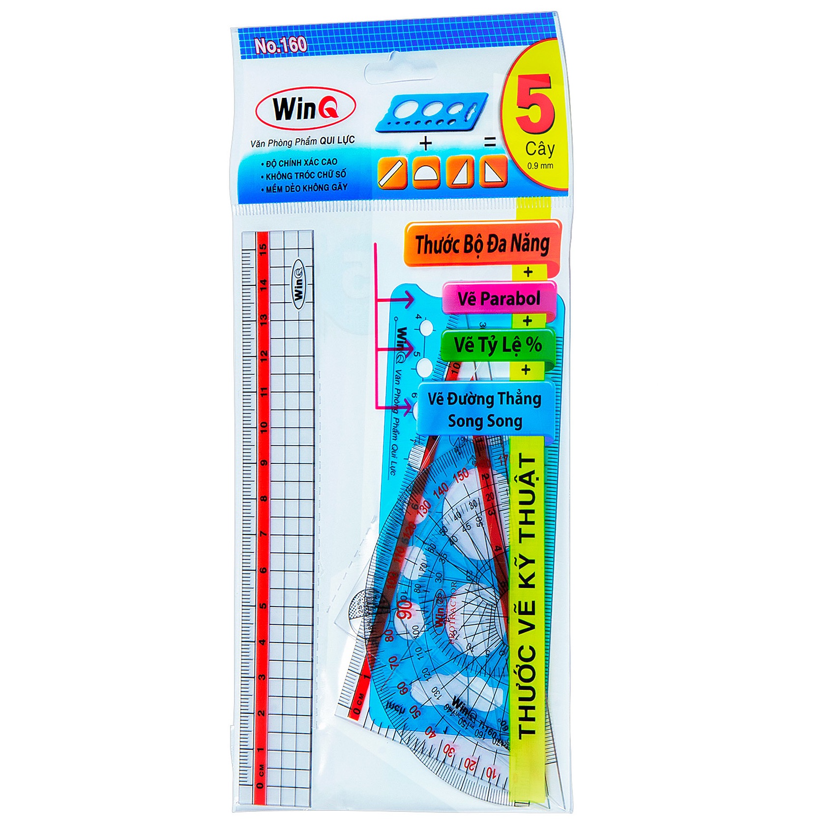 Thước vẽ kỹ thuật bộ 5 cây winq qui lực t-160 / 160 / combo 5 cây thước kẻ dẻo t160