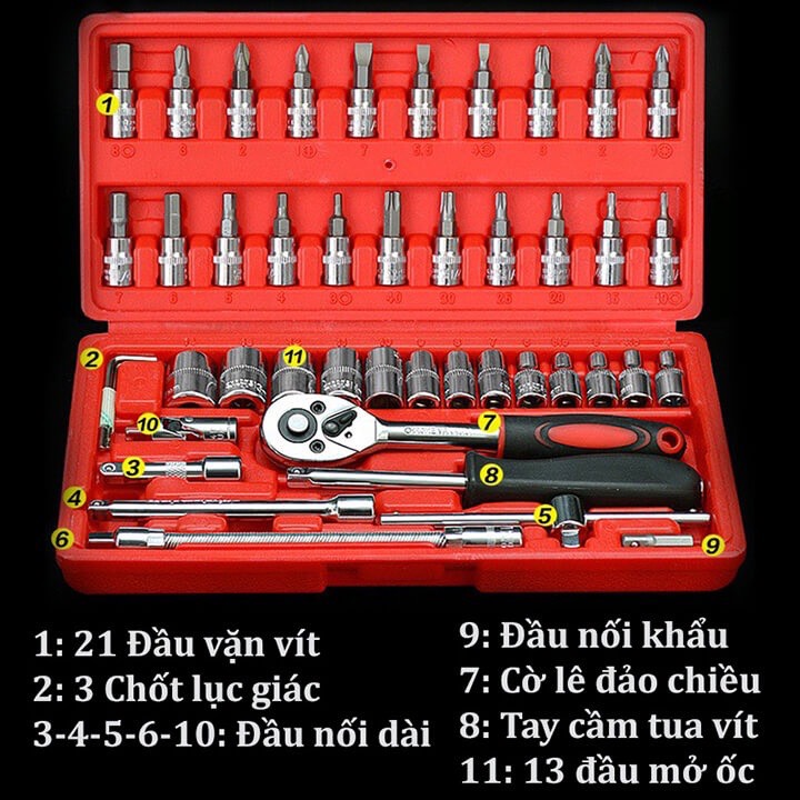 Bộ dụng cụ mở bu lông ốc vít 46 chi tiết đa năng,bộ khẩu tuýp vặn,bộ dụng cụ vặn bu lông,bộ dụng cụ sửa chữa khẩu,bộ khẩu vặn ốc,bộ tuýp vặn ốc,bộ khẩu sửa chữa xe máy,bộ tuýp khẩu,bộ tuýp đa năng,tay khẩu,bộ tuýp tự dộng,bộ tuýp 46 chi tiết 1/4,bộ tay kh