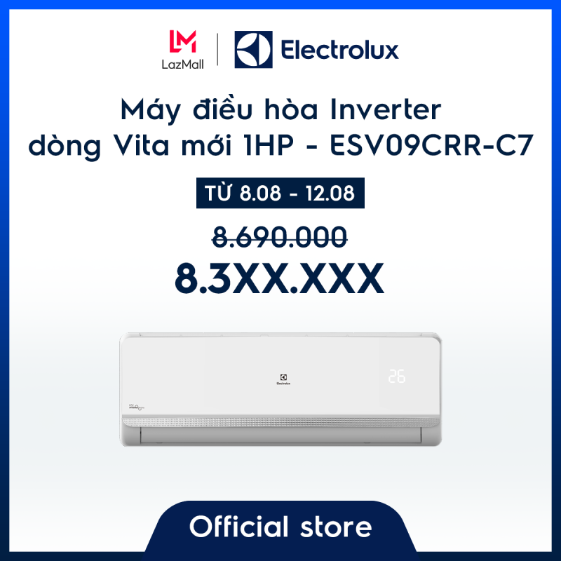 Bảng giá Máy điều hòa Electrolux Inverter 1HP 9000BTU ESV09CRR-C7 – Màu trắng - Thiết kế châu Âu - Lọc khí trong lành - Hạn chế vi khuẩn - Tiết kiệm điện – Thân thiện với môi trường - Hàng chính hãng