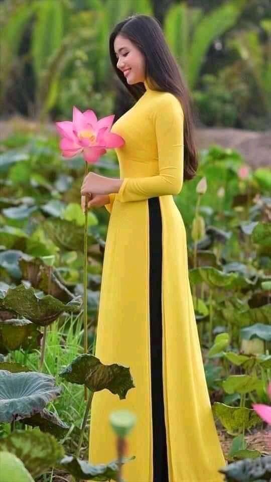 Áo dài chiffon 4 tà 2 lớp màu vàng