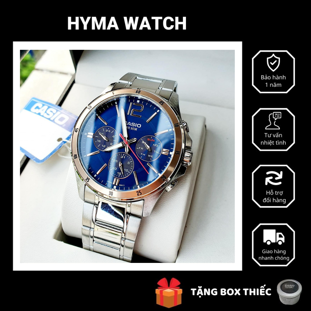 Đồng hồ nam dây thép mặt xanh Casio MTP 1374D-2A2 Kính khoáng kim phản quang chống nước 5ATM Bảo hành 1 năm Hyma watch