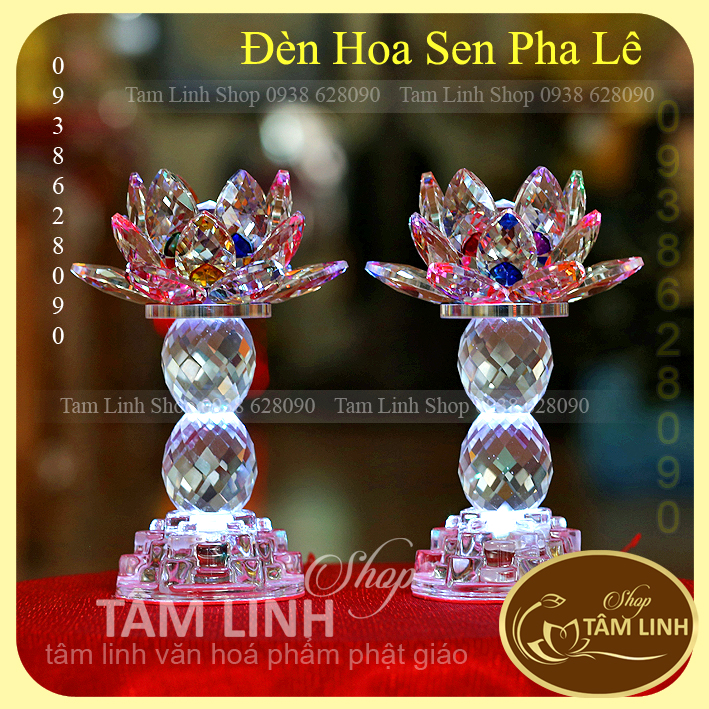 [Ảnh thật] Cặp Đèn Thờ Hoa Sen Pha Lê Cao 18.5 cm đèn LED đổi 7 màu