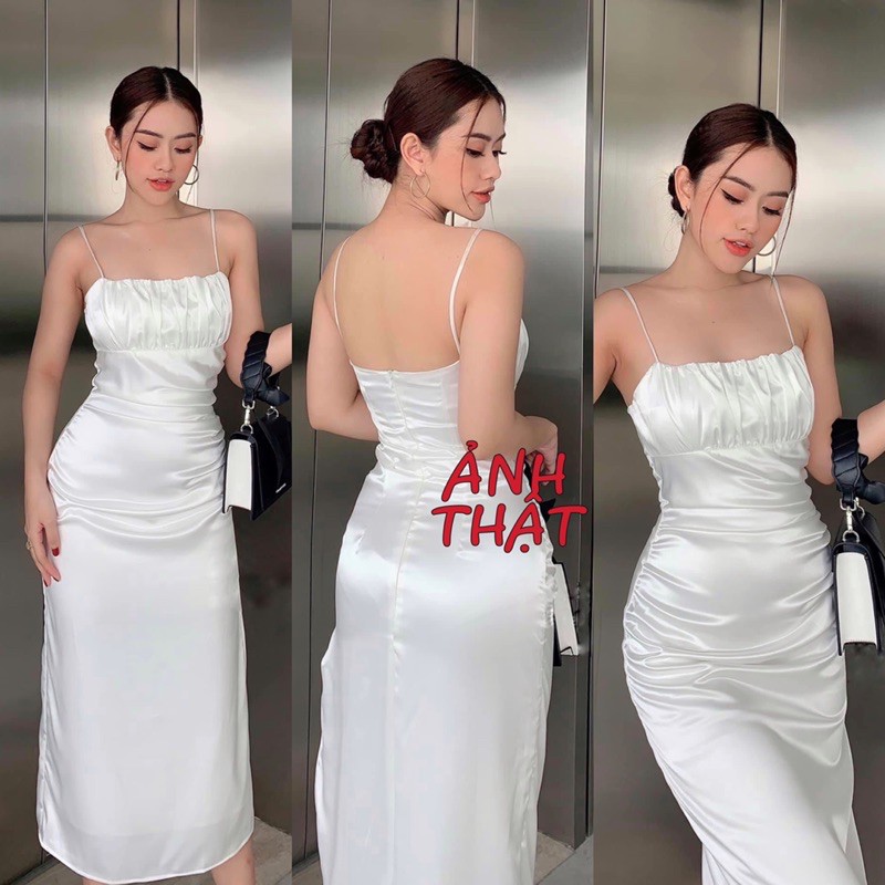 Đầm 2 dây phi nhíu ngực xẻ đùi 3 màu