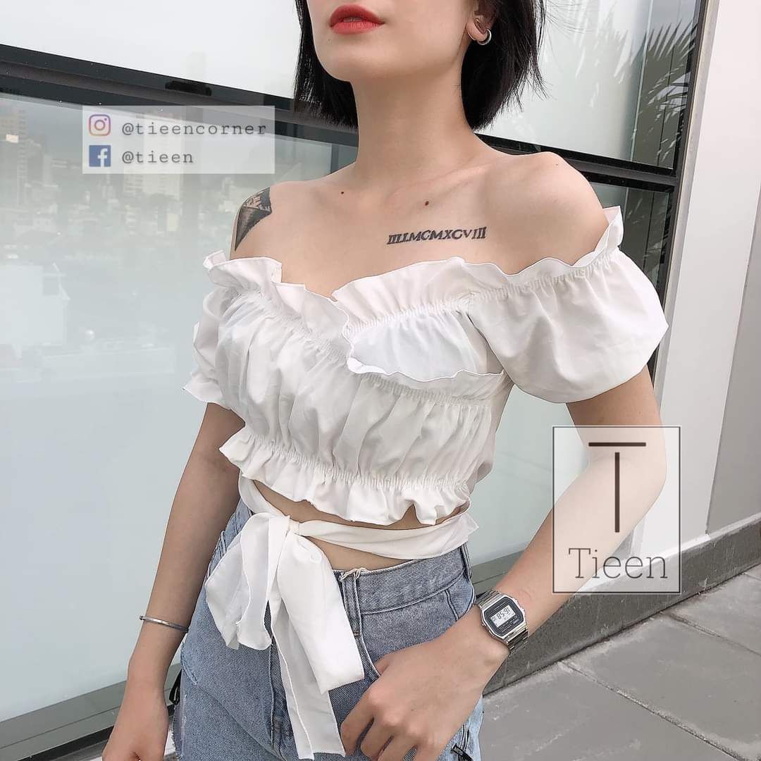 [HCM]Áo croptop nhún cột dây nơ eo