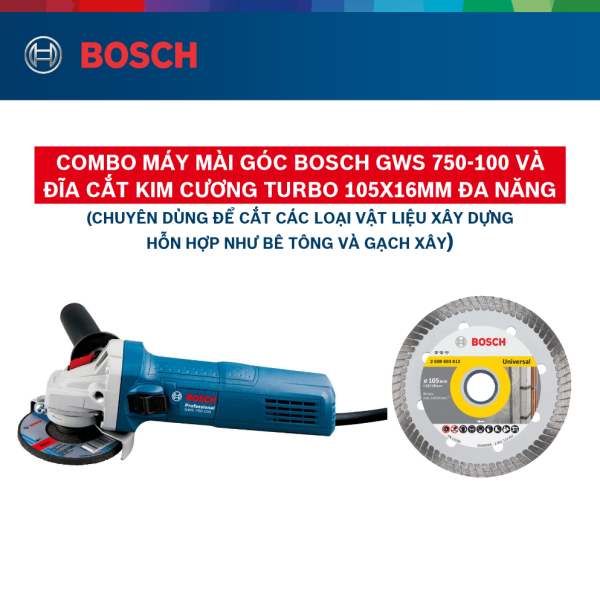Combo Máy mài góc Bosch GWS 750-100 và Đĩa cắt kim cương Turbo 105x16mm đa năng