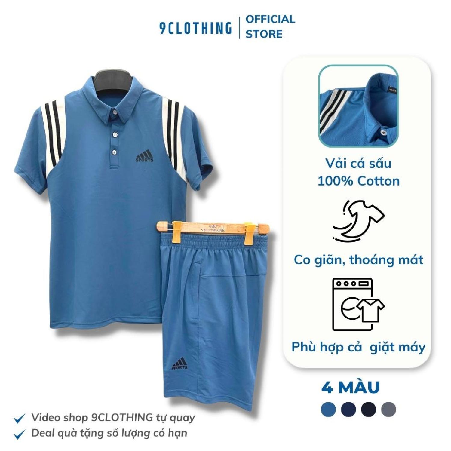 Bộ thể thao nam vải cotton cá sấu phối viền cho công sở - dạo phố - mặc nhà