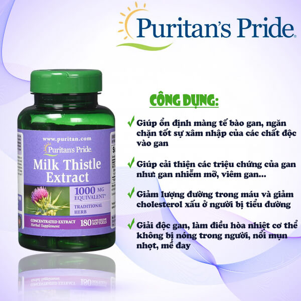 Viên uống bổ gan Puritan’s Pride Milk Thistle 4:1 Extract 1000 mg (Silymarin) giải độc gan, tăng cường chức năng gan (180 viên)