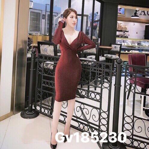 Đầm body thun nhũ kim sa cổ v