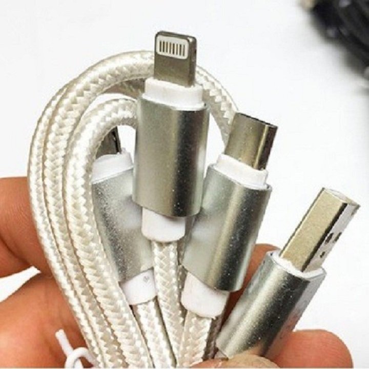 Dây sạc 3 đầu sạc nhanh iPhone Androi Cáp Dù siêu mềm thời trang Hỗ trợ sạc nhanh Chống gẫy đầu cáp Chính Hãng