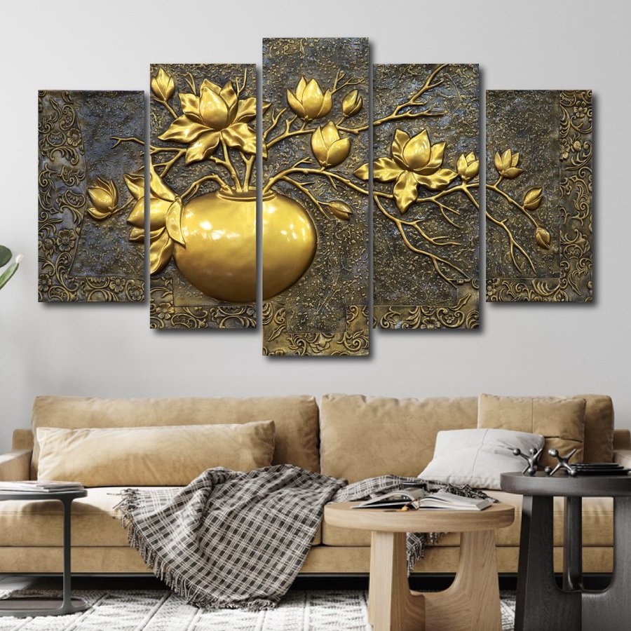 Tranh bình hoa sen treo tường Tranh Treo Tường 3D Lọ Hoa Vàng Phát Tài tranh hoa sen nghệ thuật treo phòng khách