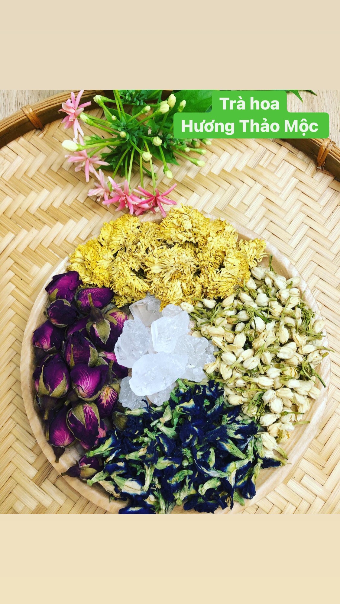 Set Trà Tứ Hoa (Hoàng cúc - Nụ hồng - Đậu biếc - Nụ Nhài) - Trà Hoa Natural Thảo Mộc