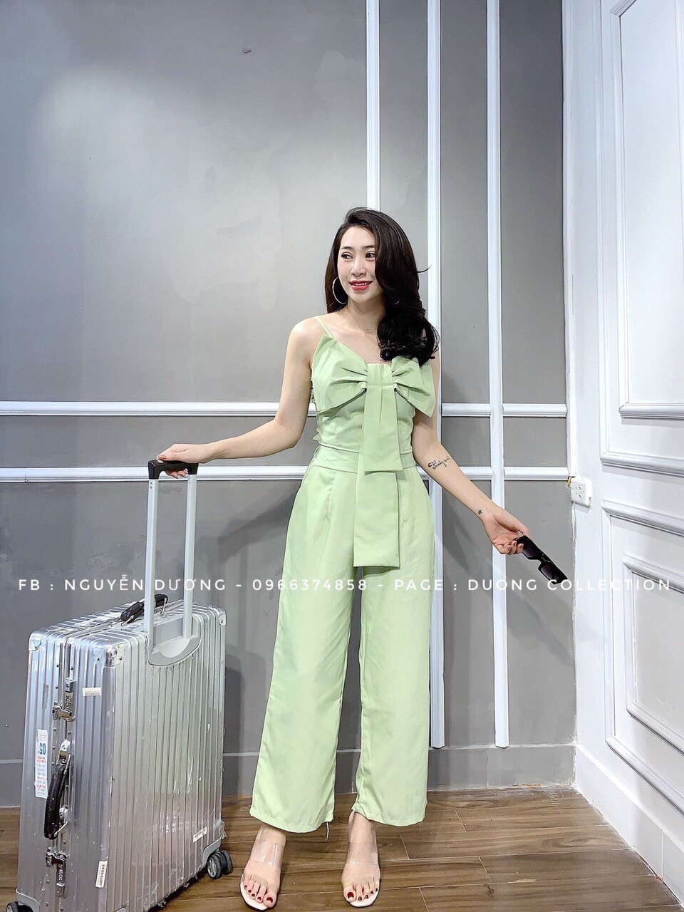 jumpsuit dài nơ ngực lụa chéo-QH