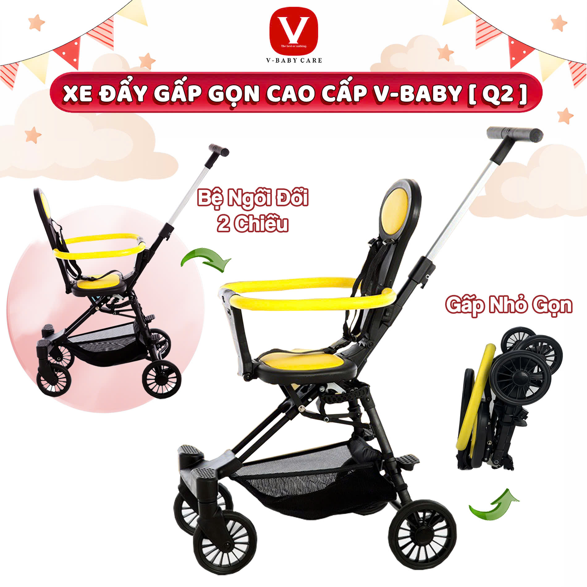 Xe Đẩy Du Lịch Gấp Gọn, Đảo Chiều Cho Bé V-BABY Q2