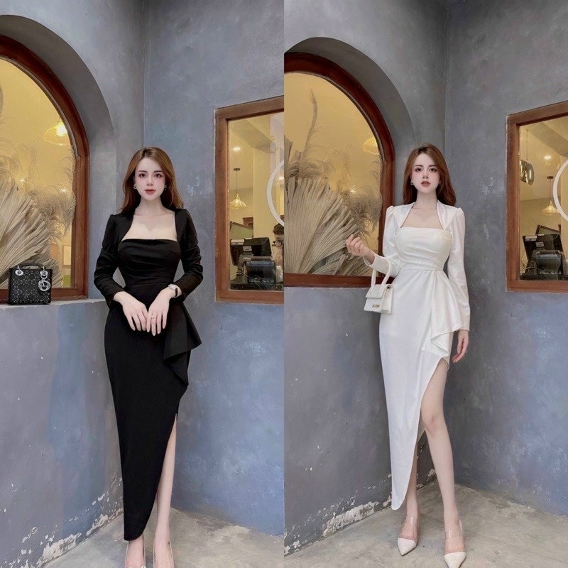 Đầm cổ tây dự tiệc tay dài bèo lai (có mút)
