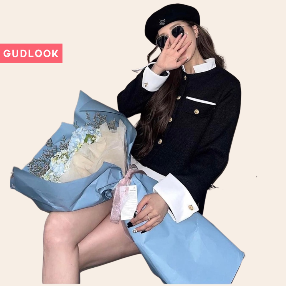 Áo Dạ GUDLOOK phối tay sơ mi dáng lửng trắng đen
