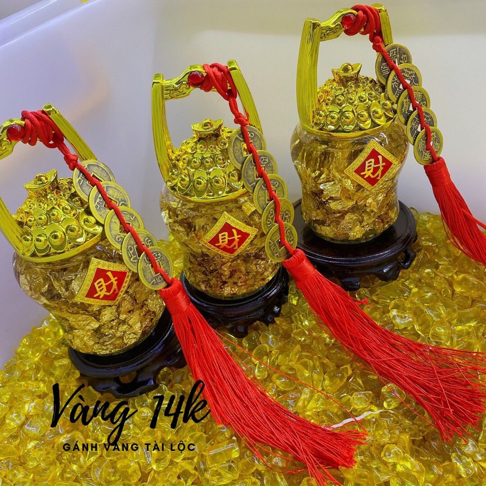 Hủ tiền lá vàng phong thủy chiêu tài, lộc trang trí bàn thờ thần tài thổ địa