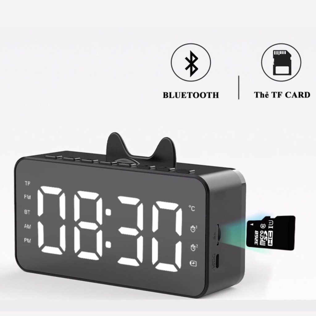 Loa bluetooth không dây GrownTech Q9 màn hình tráng gương kết hợp đồng hồ tai mèo dễ thương