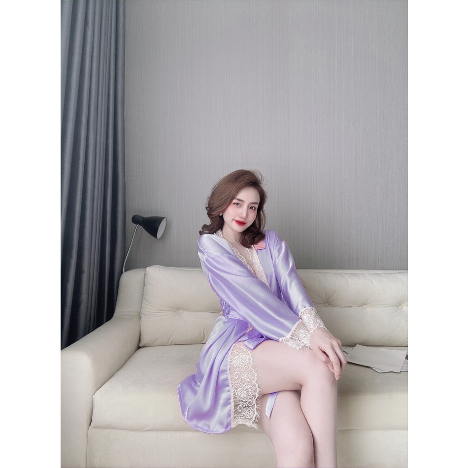 Áo choàng ngủ áo choàng ngủ sexy lụa satin phối ren gợi cảm sang trọng freesize - linqustore