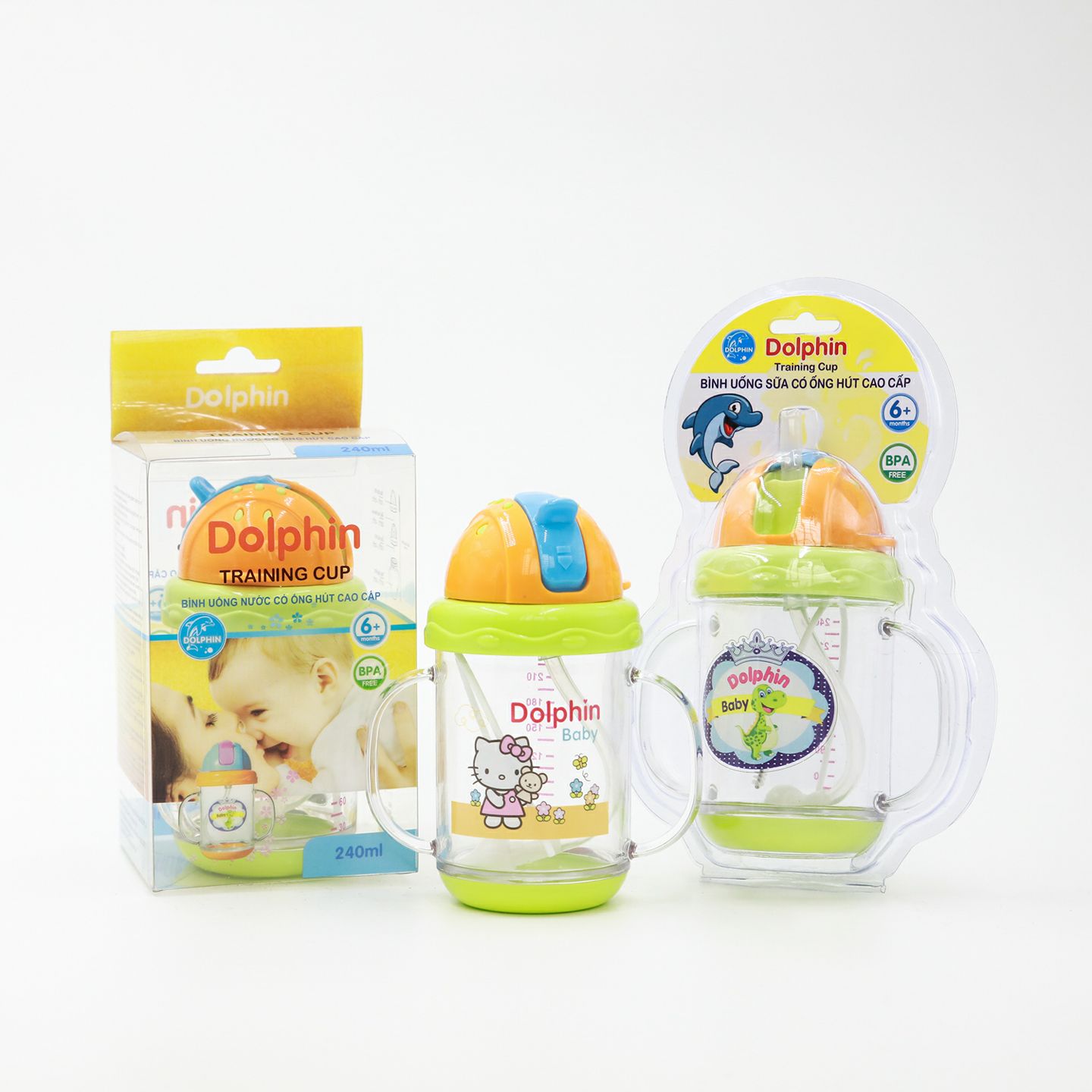 Bình Uống Nước PP Có Ống Hút Silicone Dolphin 200ml