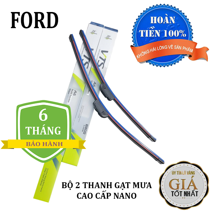 Bộ 2 thanh gạt nước mưa ô tô Nano xương mềm cao cấp dành cho tất cả các dòng xe hãng xe Ford: Transit-Ecosport-Everest-Focus-Fiesta-Ranger-Mondeo-Escape-Mustang,...
