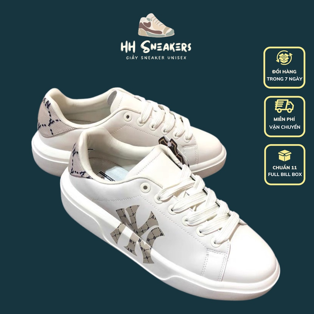 Giày thể thao nam nữ MLB NY trắng chữ đen họa tiết - Giày NY trắng nam nữ độn đế cao cấp hot trend 2022 Full Box