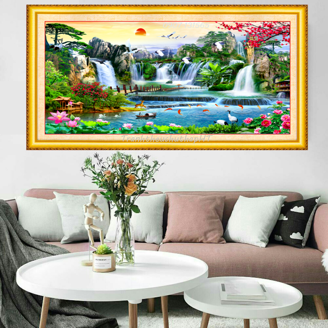 [HCM]Tranh thêu chữ thập Phong cảnh lưu thủy sinh tài 200*90cm - tự thêu