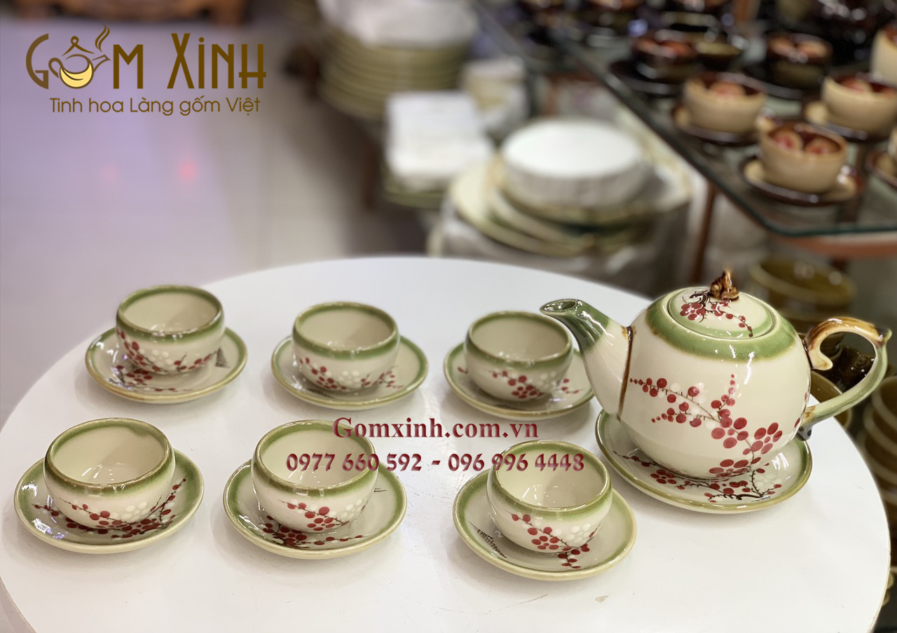 Bộ ấm chén Bát Tràng Chóp lửa men da lươn vẽ hoa đào