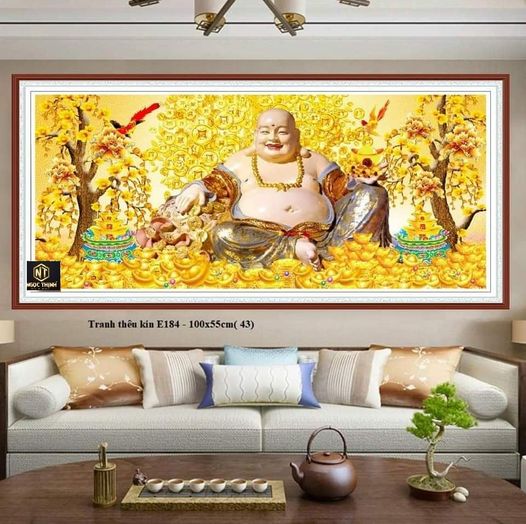 Tranh thêu kín Phật Di Lặc Tiểu Khẩu Thường Khai E184(100x55cm)
