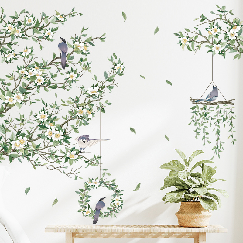Decal tranh dán tường,dán trang trí phòng siêu đẹp-Cành hoa lá chim đậu TD337