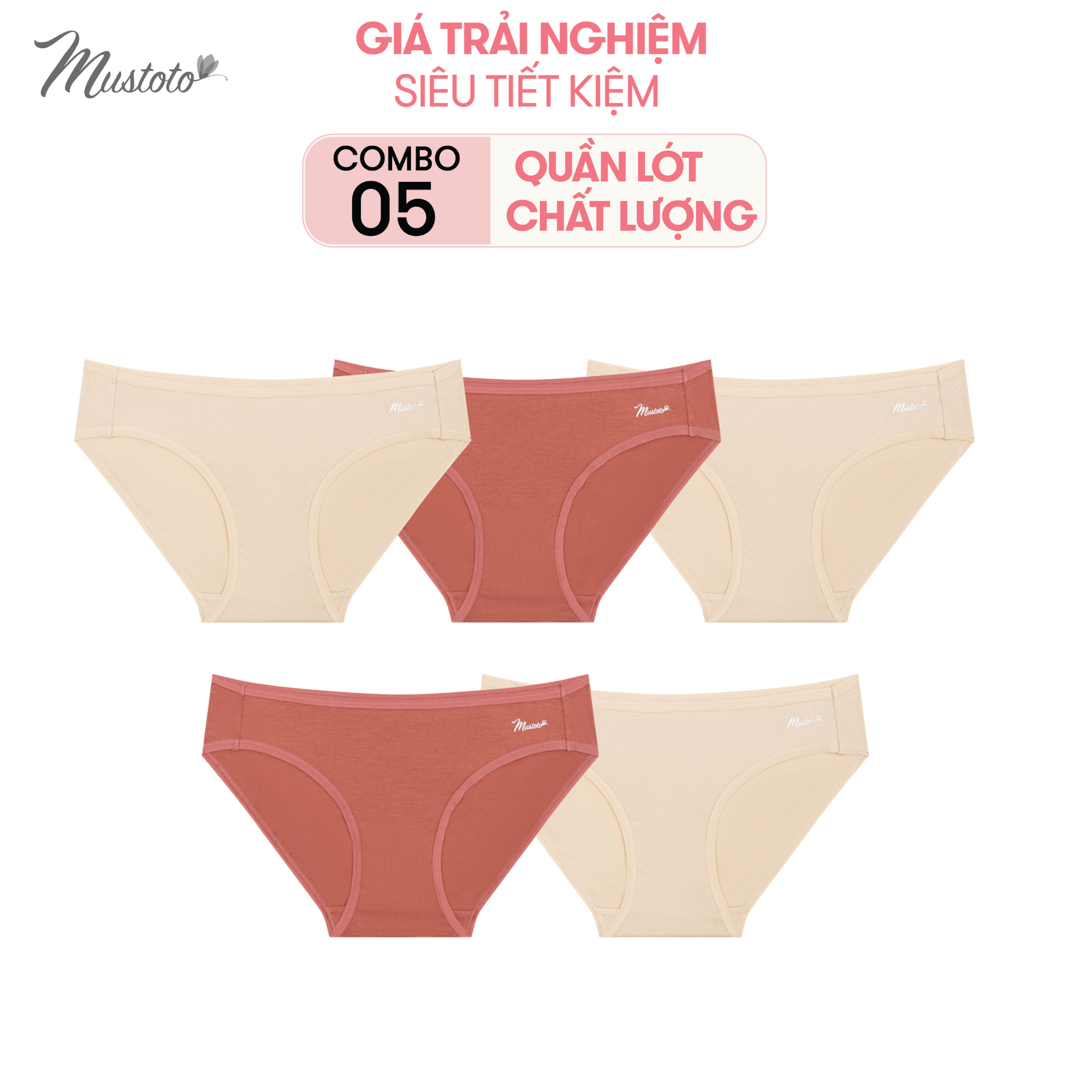 Combo 5 quần lót nữ 100% cotton lưng thấp thấm hút