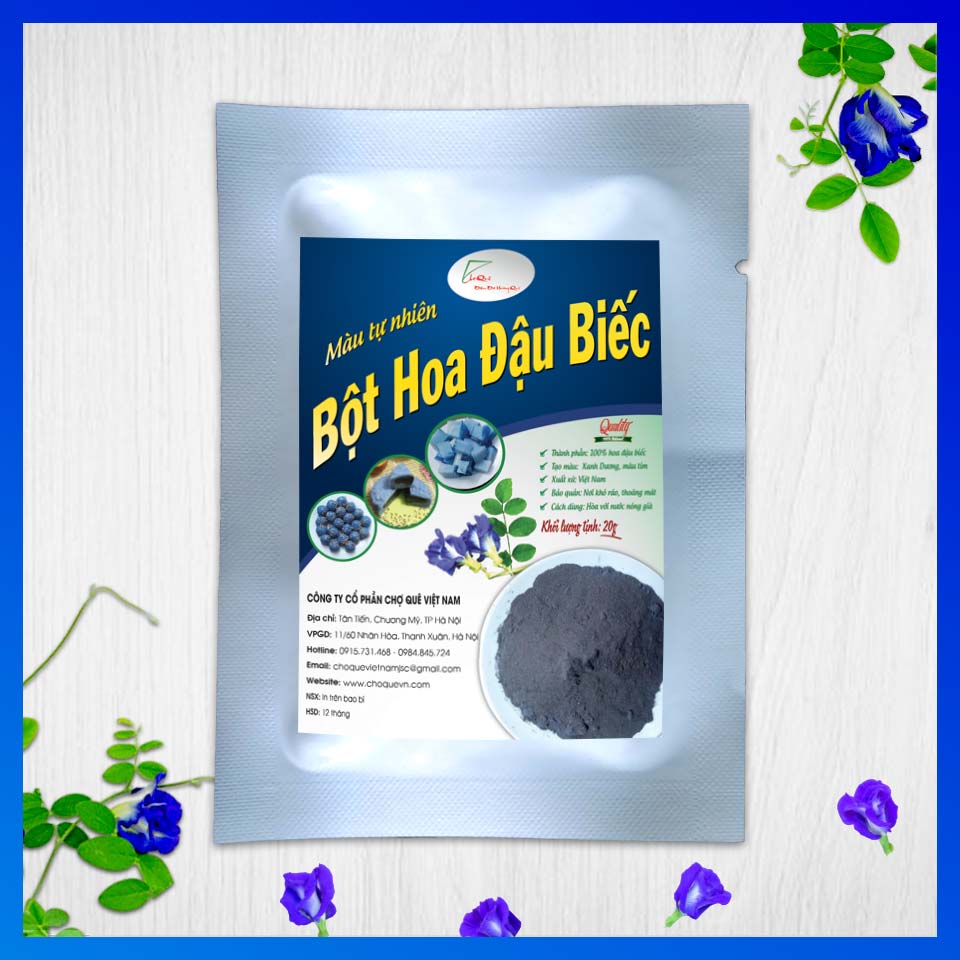 Bột Hoa Đậu Biếc Gói 20g nguyên chất 100% từ hoa đậu biếc chuyên dùng tạo màu thực phẩm xôi bánh thạch rau câu đồ uống