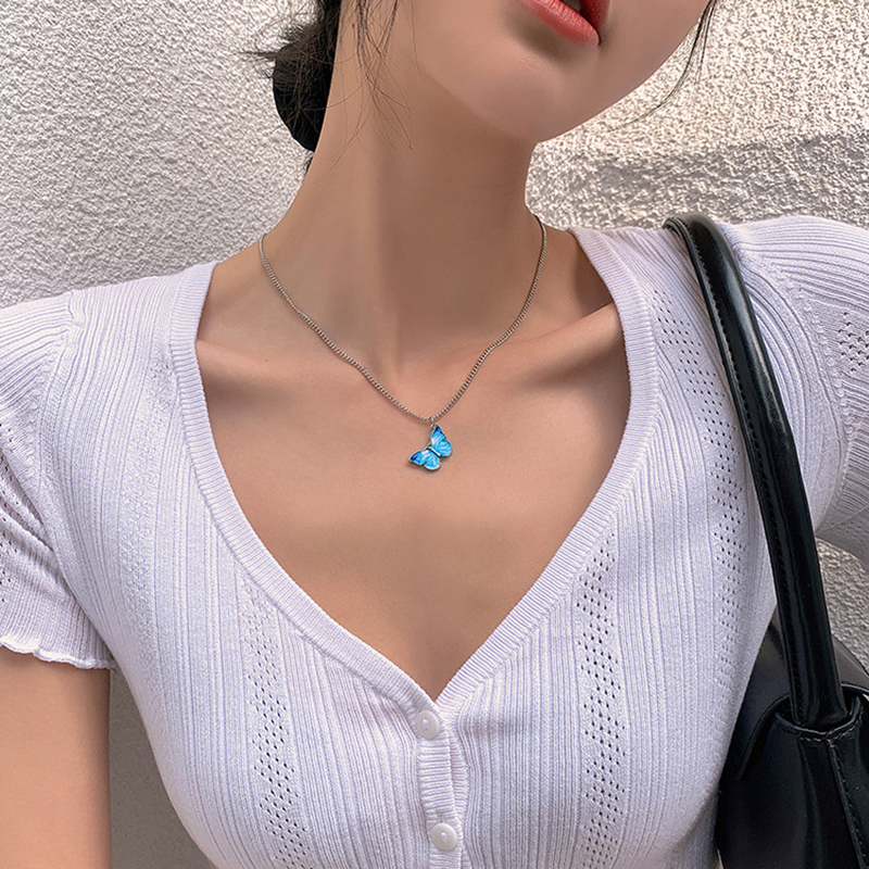 Korean Blue Gradient Butterfly Necklace for Women Girls Silver Color Rainbow Butterflies Pendant Choker Necklaces Jewelry Gift