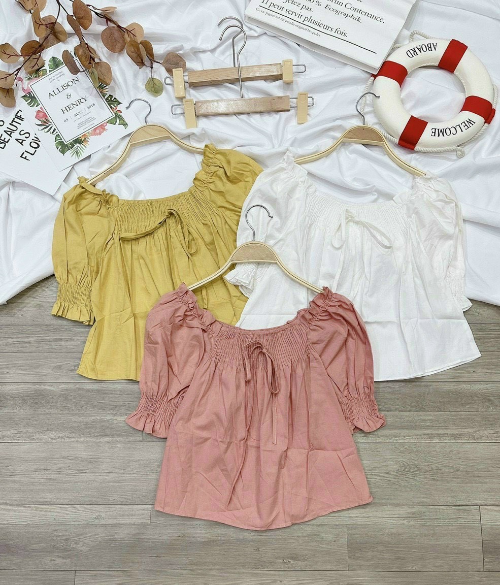Áo voan nhún cổ vuông tay ngắn phối nơ trước nhún sau stype TTSLA0545