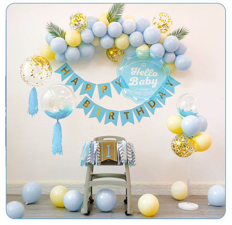 Set bóng trang trí sinh nhật màu pastel có trụ giả bóng bay (Kèm Bơm + Keo) - Hello Baby