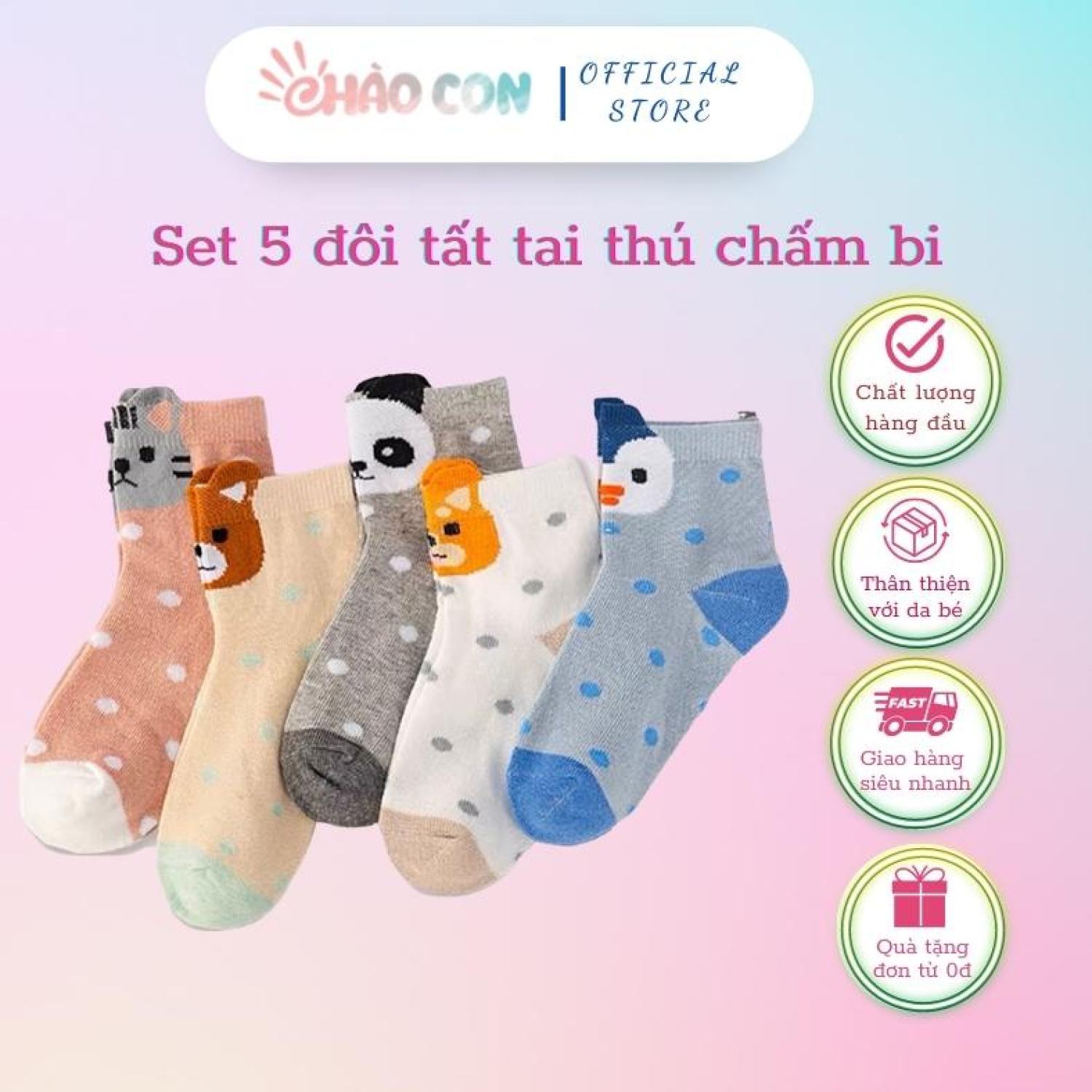 Chào Con- Set 5 đôi tất tai thú họa tiết chấm bi dễ thương dành cho bé từ 1