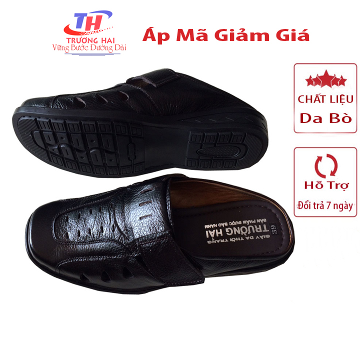 Dép nam sục da bò đục lỗ thoáng khí mũi vuông Trường Hải may đế có 2 màu đen, nâu TH134