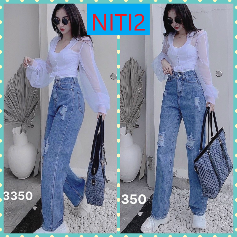 [ THẦN SẮC ] QUẦN JEANS ỐNG RỘNG NỮ LƯNG CAO RÁCH ĐÙI MẢNG MÀU XANH NHẠT LAI CUỐN VẢI MỀM MỊN SIÊU MÁT CAO CẤP NITI2