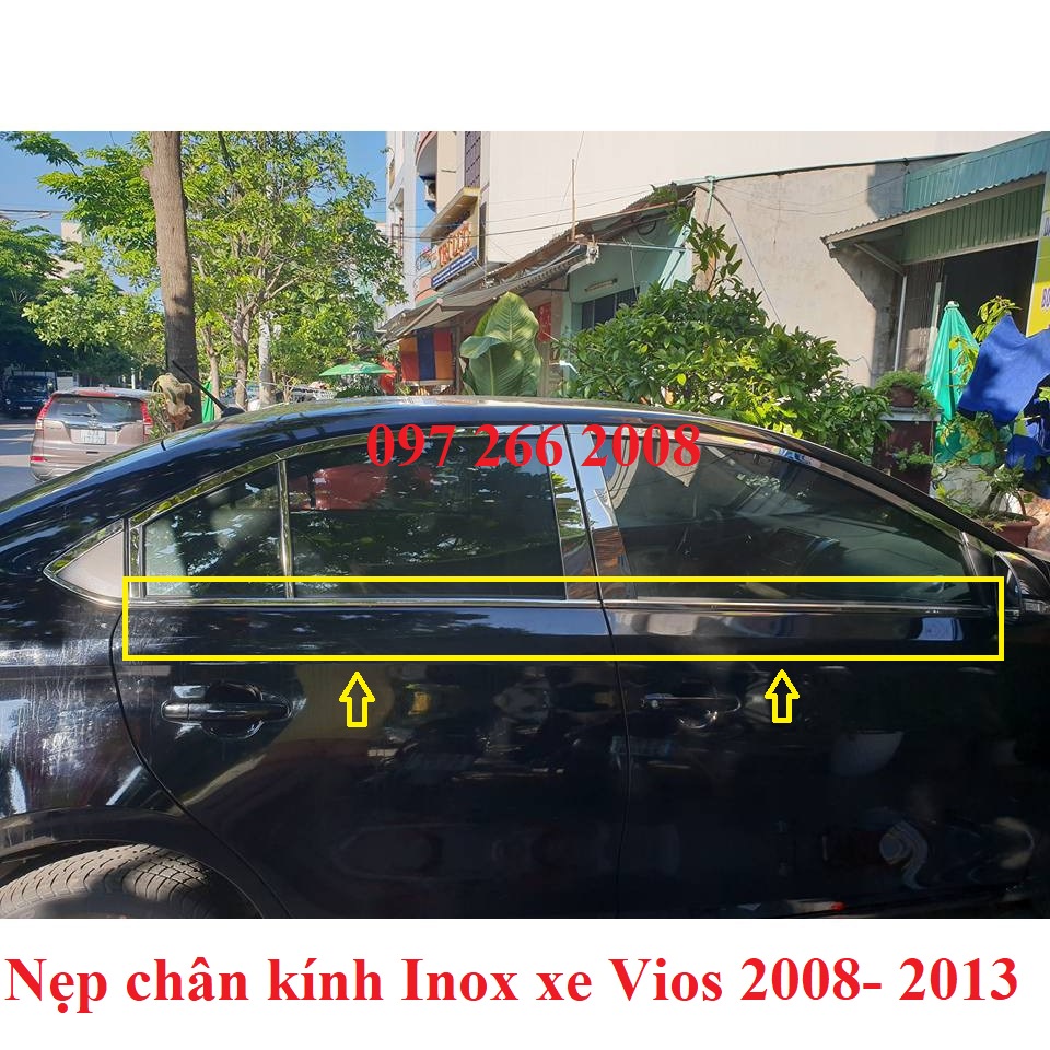 Nẹp viền chân kính xe Vios đời 2008-2013 Mẫu inox sáng bóng, bộ 4 thanh