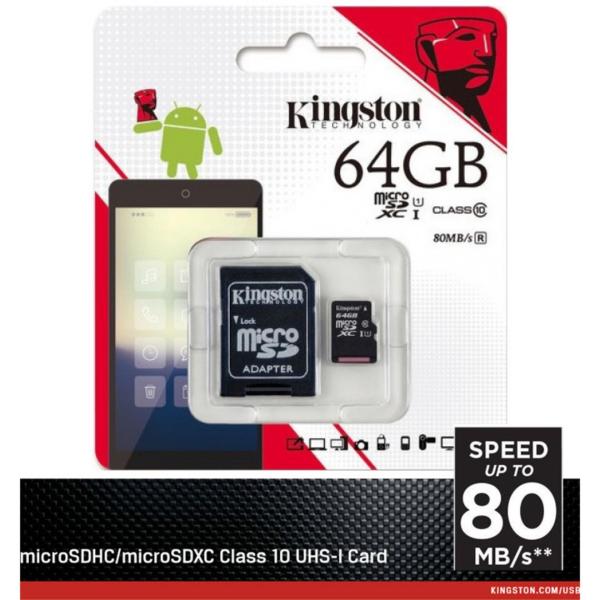 Thẻ nhớ MicroSDXC  64GB Kingston UHS1 Class10 up to 80MB/s - Hãng Phân phối chính thức
