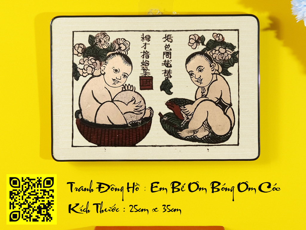 Tranh Dân Gian Đông Hồ Em Bé Ôm Bóng Ôm Cóc