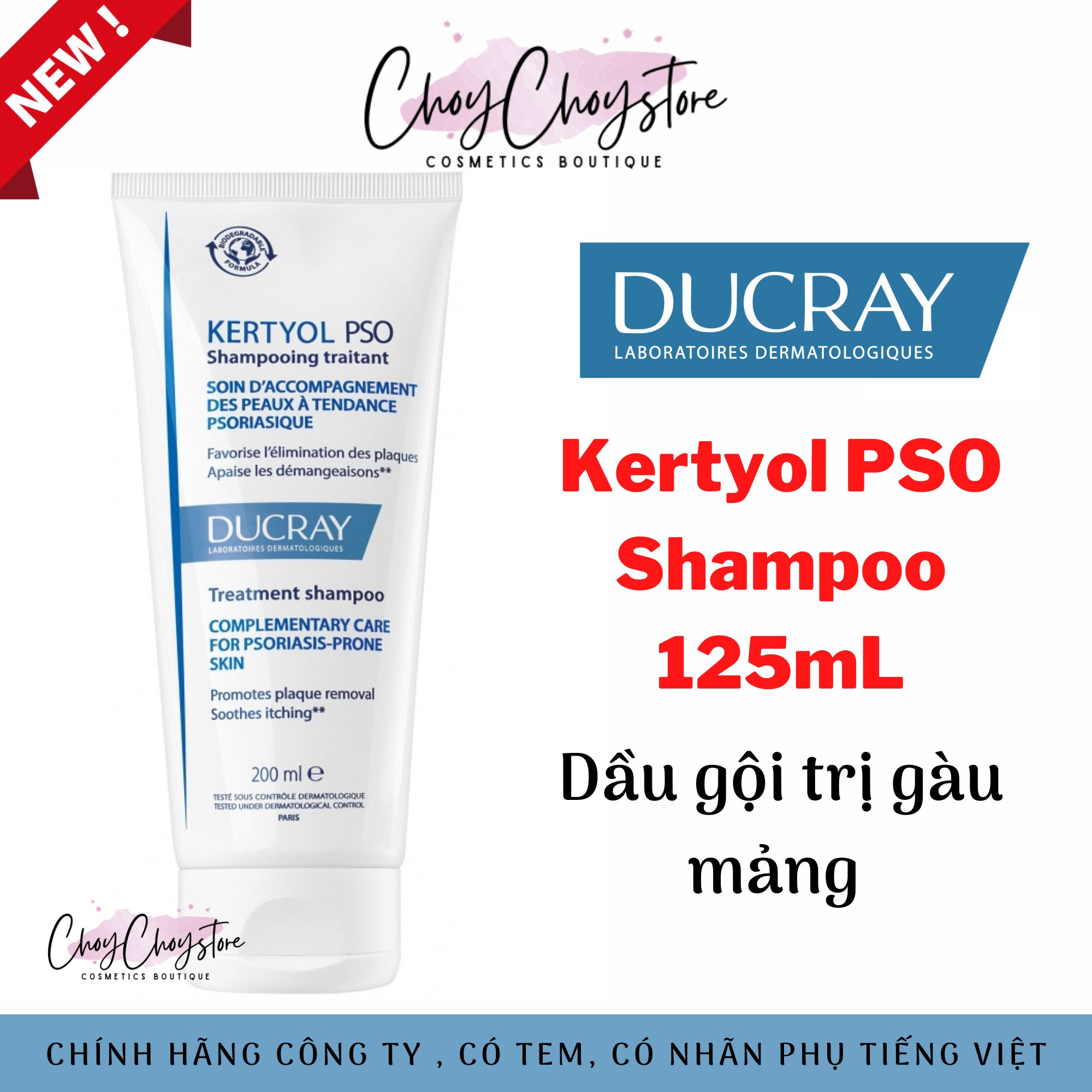 Dầu Gội Ducray Kertyol PSO Shampoo 125mL Cho Gàu Mảng, Gàu Nặng, Vảy Nến (Tem Cty)