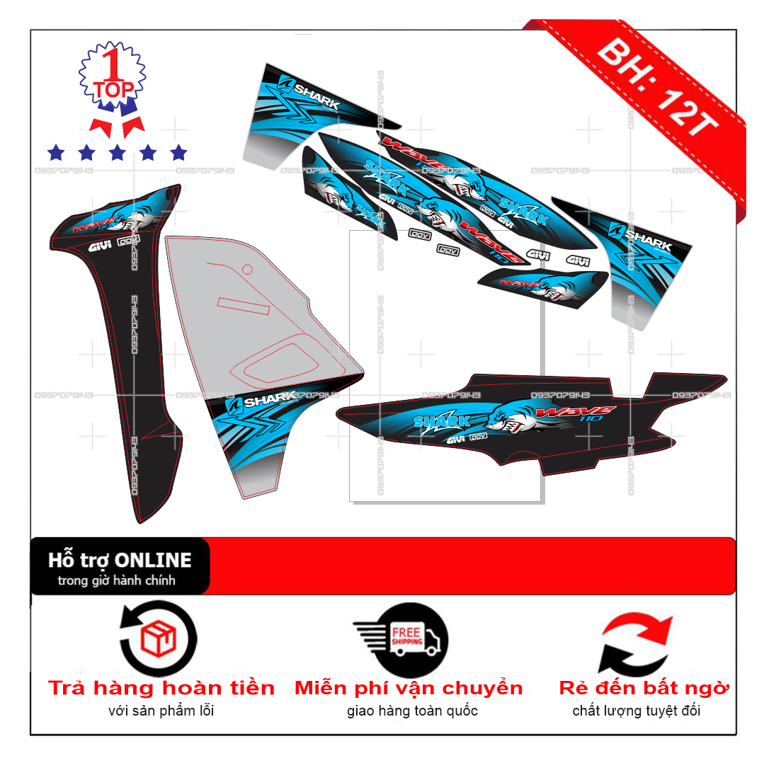 Tem rời wave a 110 cá mập xanh đen