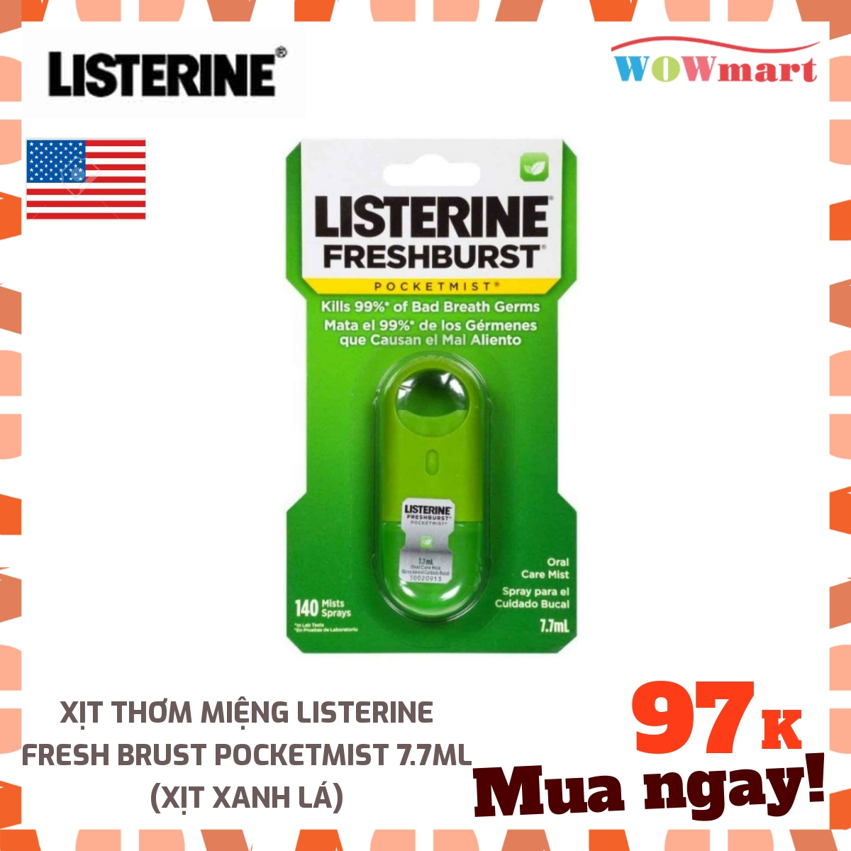 Xịt thơm miệng Listerine Fresh Brust Pocketmist 7.7ml (Xịt xanh lá) - [Mỹ]