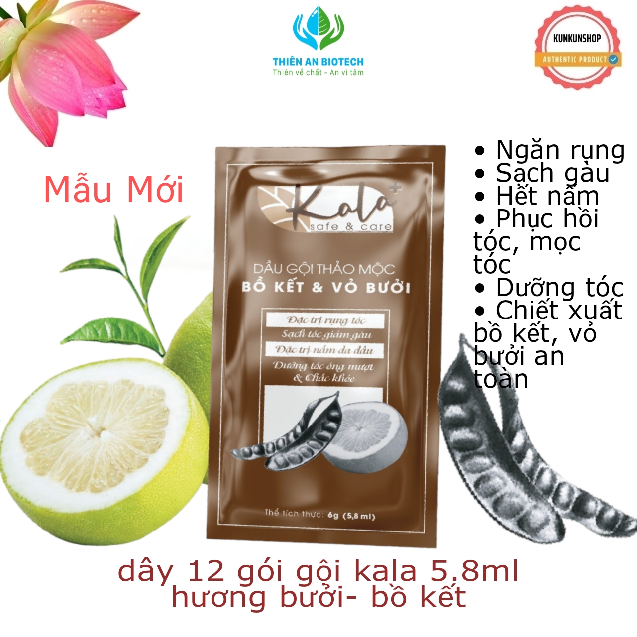 Dây 12 gói dầu gội - dầu xả thảo mộc kala chiết xuất bồ kết, vỏ bưởi tự nhiên, giúp tóc phục hồi tóc chắc khỏe, hết gàu ngứa