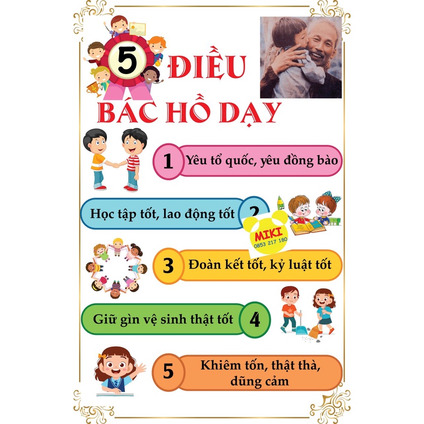 TRANH 5 ĐIỀU BÁC HỒ DẠY, trang trí lớp (Đồ Dùng Dạy Học Miki)