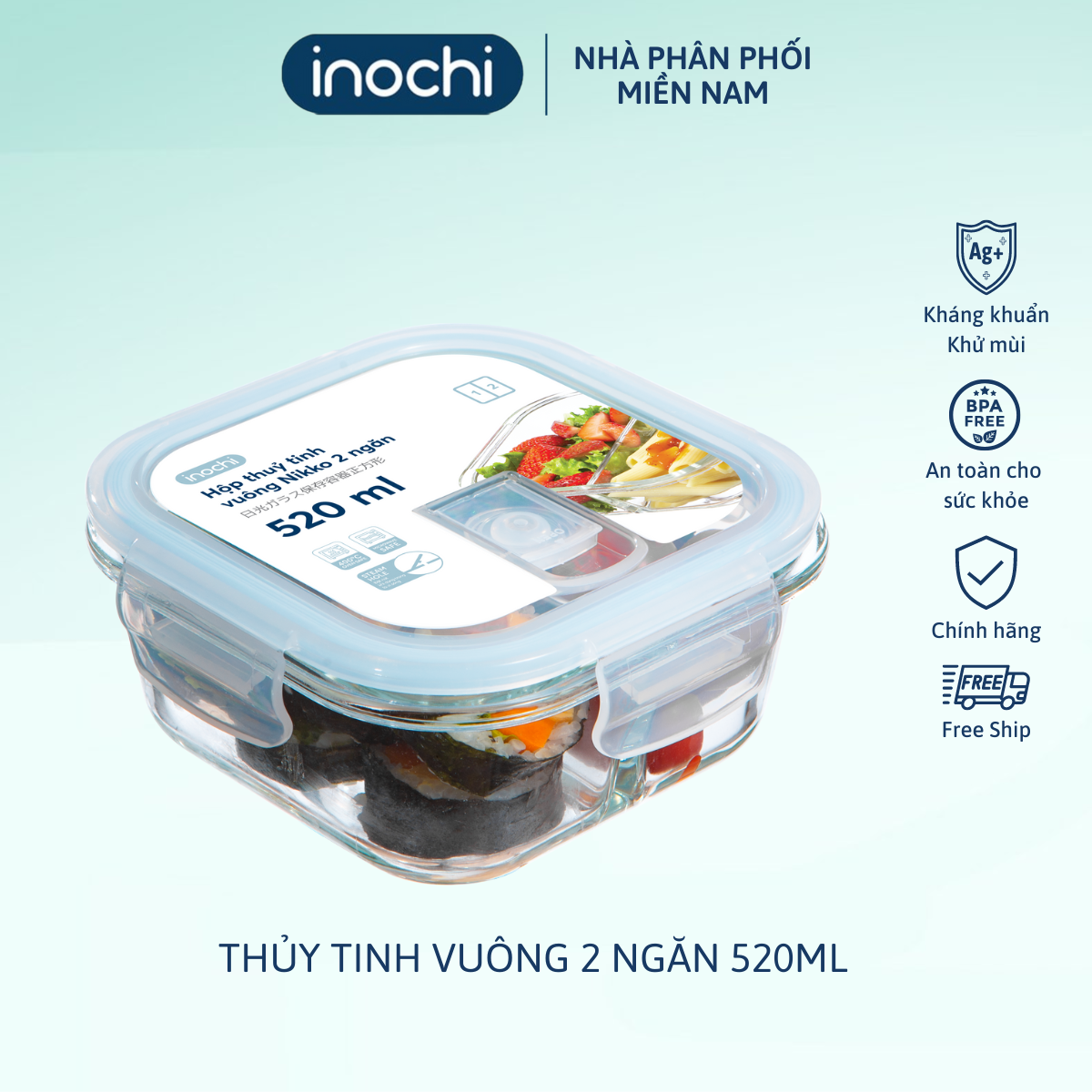 Hộp thủy tinh vuông Nikko 520 ml (2 ngăn)